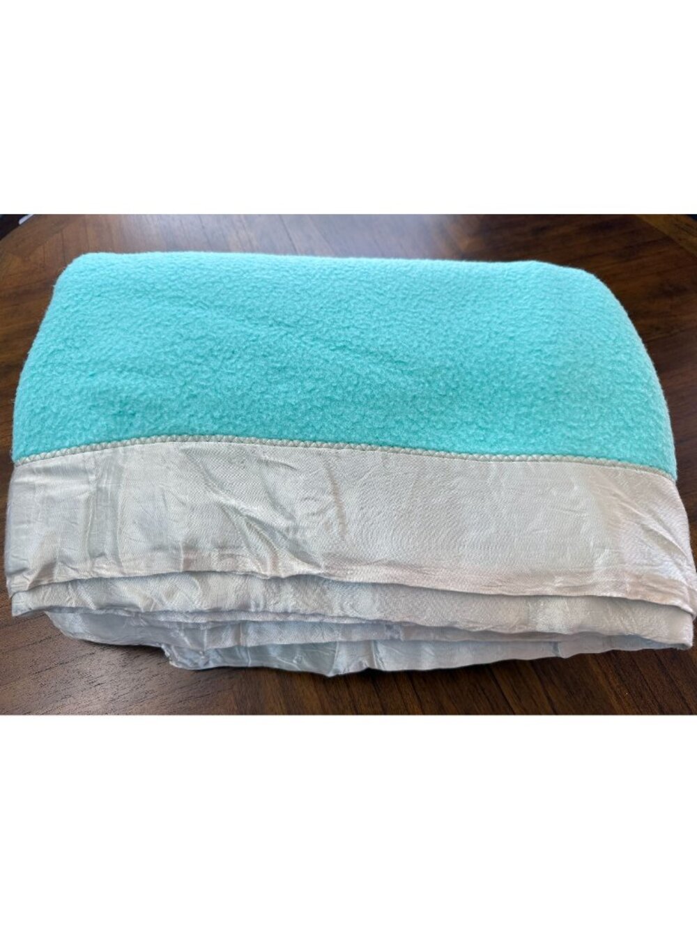 Vintage Mint Green Blue Blanket Throw Acrylic Satin Trim 82 x 72 READ WEAR